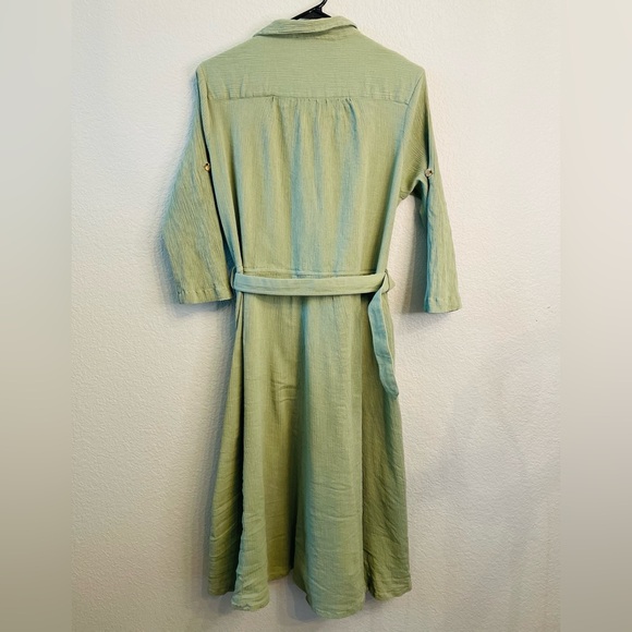 Brownstone Studio Vintage Sage Green Button Down Gauzy Cotton Belted Midi Dress - Picture 5 of 7